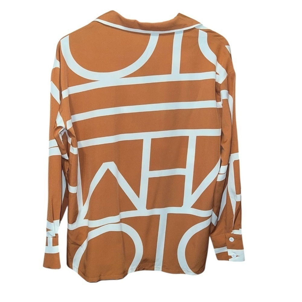 SHEIN Geometric Print Button Down Blouse Orange White Small - Picture 3 of 5